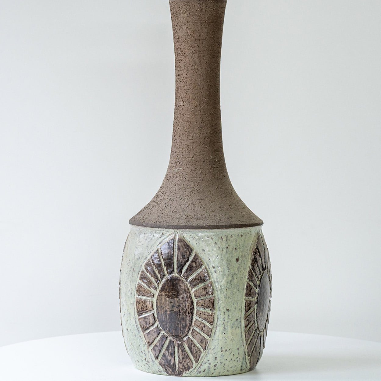 Chris Haslev Green Ceramic Lamp, Custom Neutral Lampshade by R. Houben