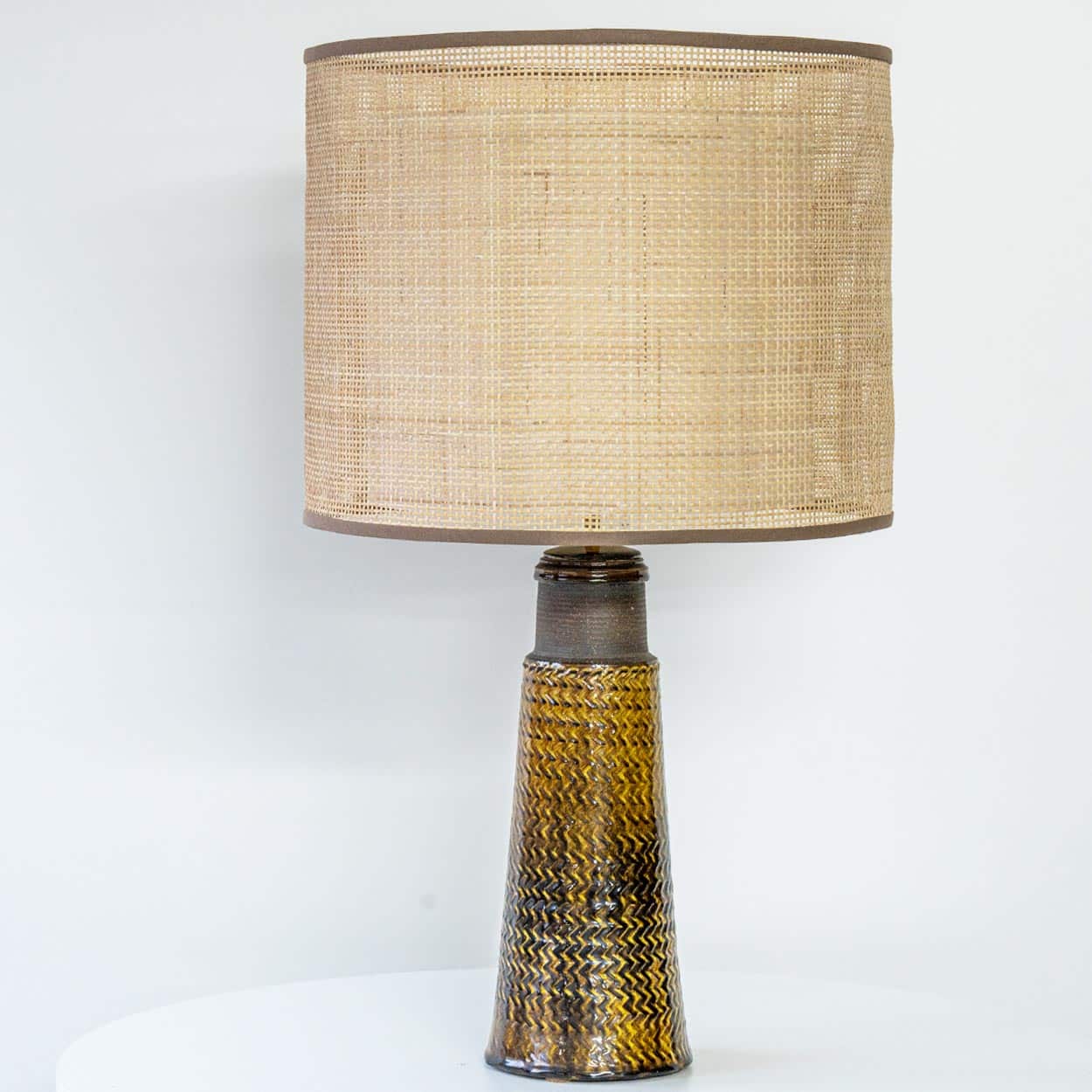 Brown Ceramic Lamp Bitossi,  Custom Double Silk Rattan Lampshade by R. Houben