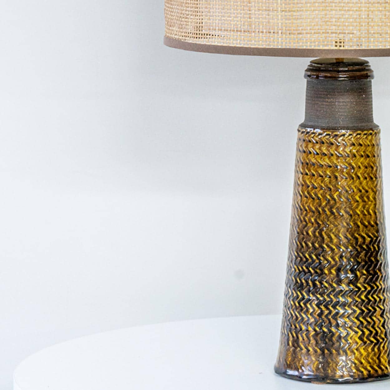 Brown Ceramic Lamp Bitossi,  Custom Double Silk Rattan Lampshade by R. Houben