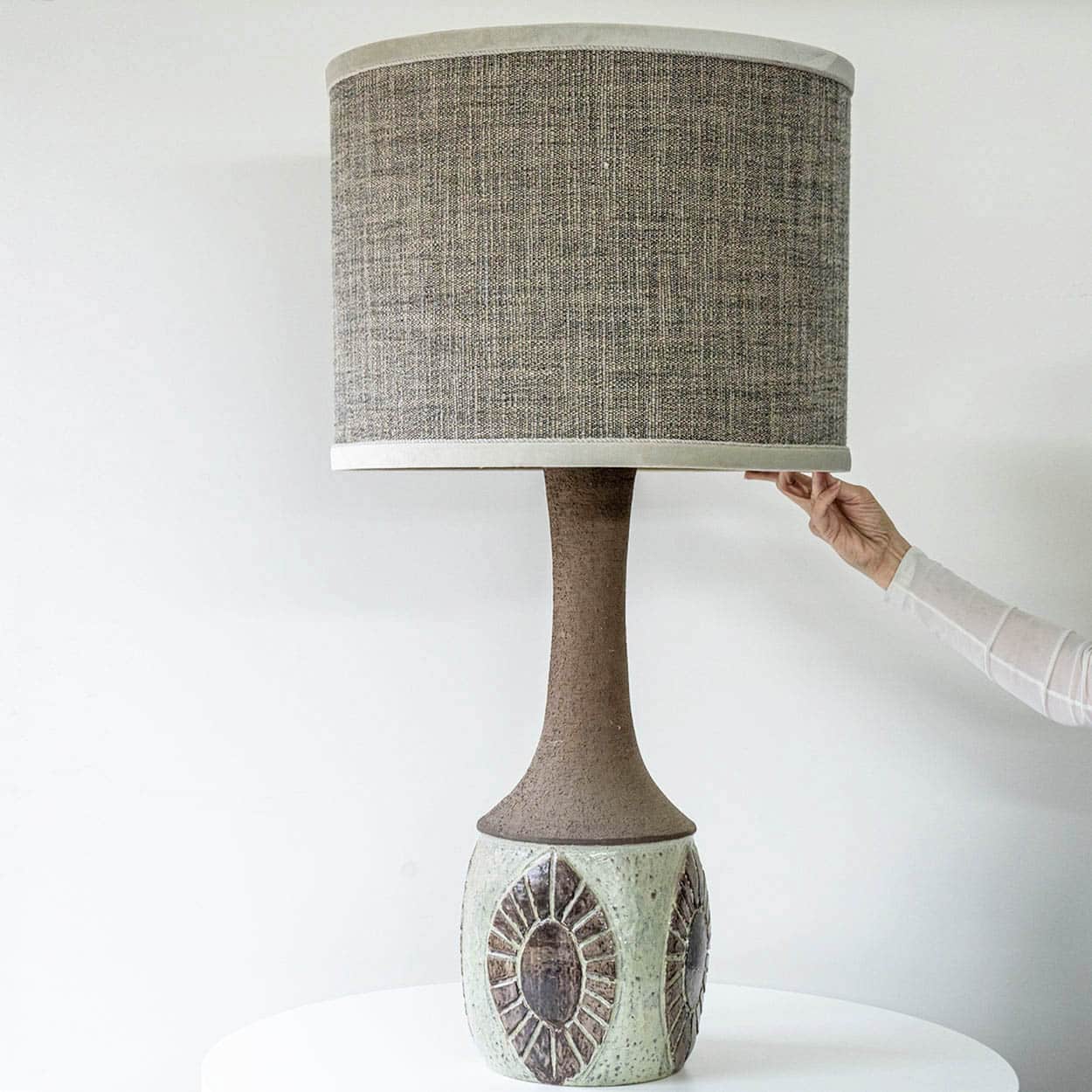Chris Haslev Green Ceramic Lamp, Custom Neutral Lampshade by R. Houben