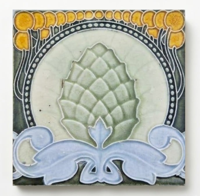 1 of the 33 Pinecones Antique Tiles, Societe Morialme circa 1920, Belgium