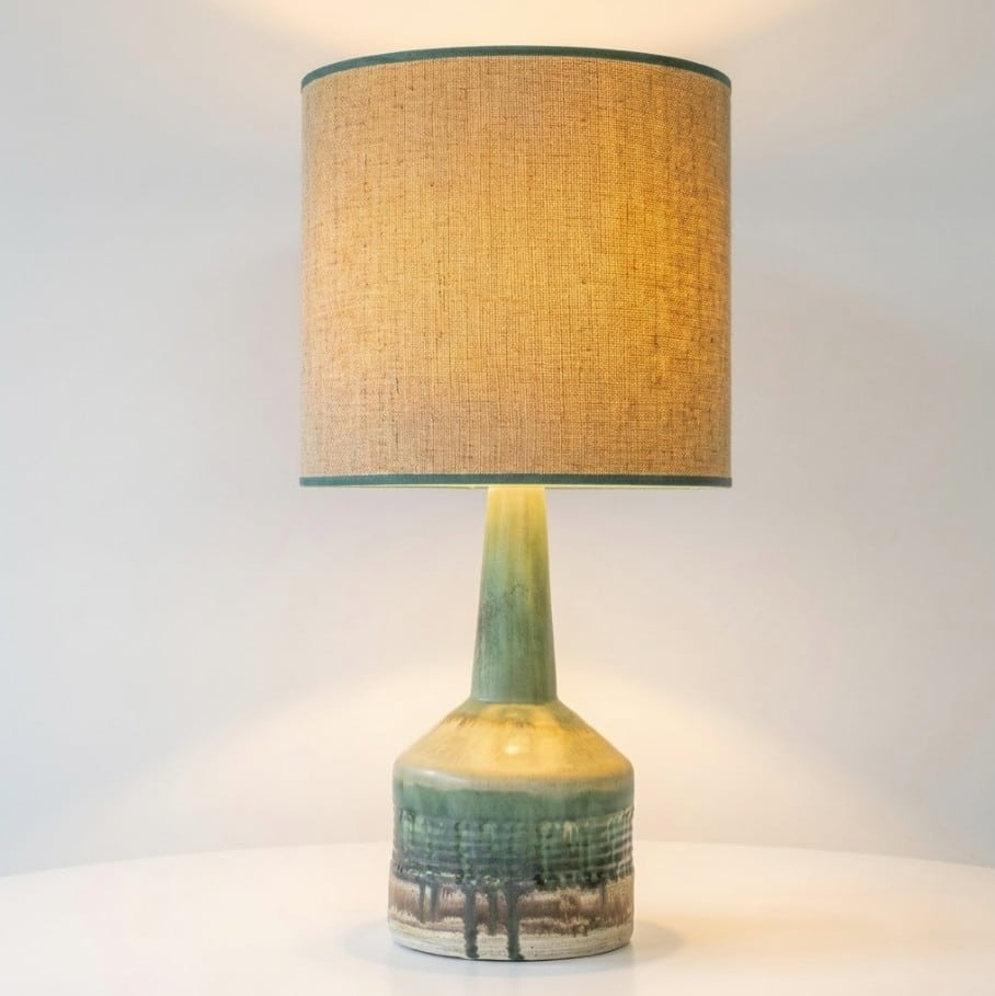 Green Ceramic Floor Table Lamp, Custom Matching Lampshade by R. Houben