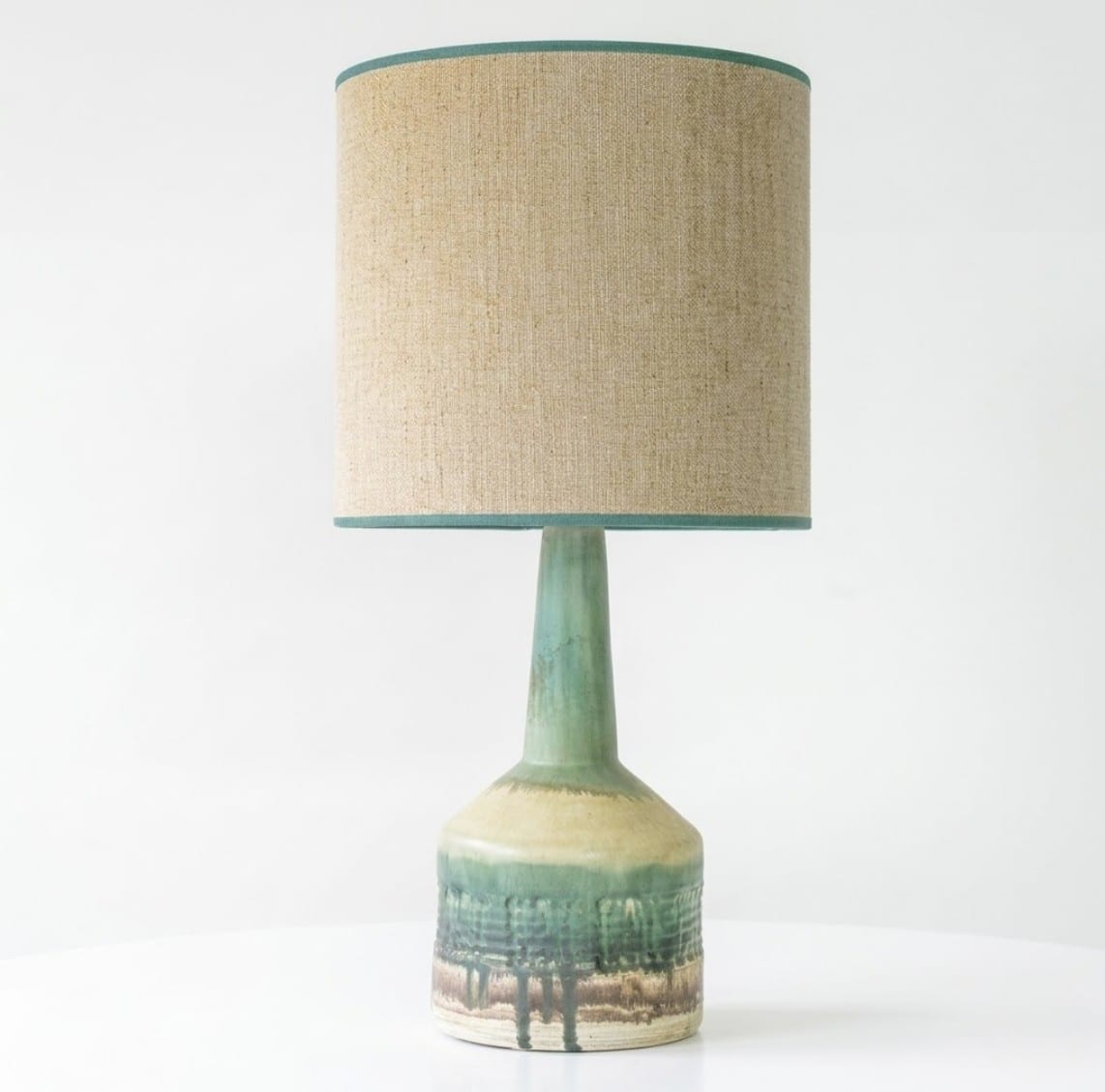 Green Ceramic Floor Table Lamp, Custom Matching Lampshade by R. Houben