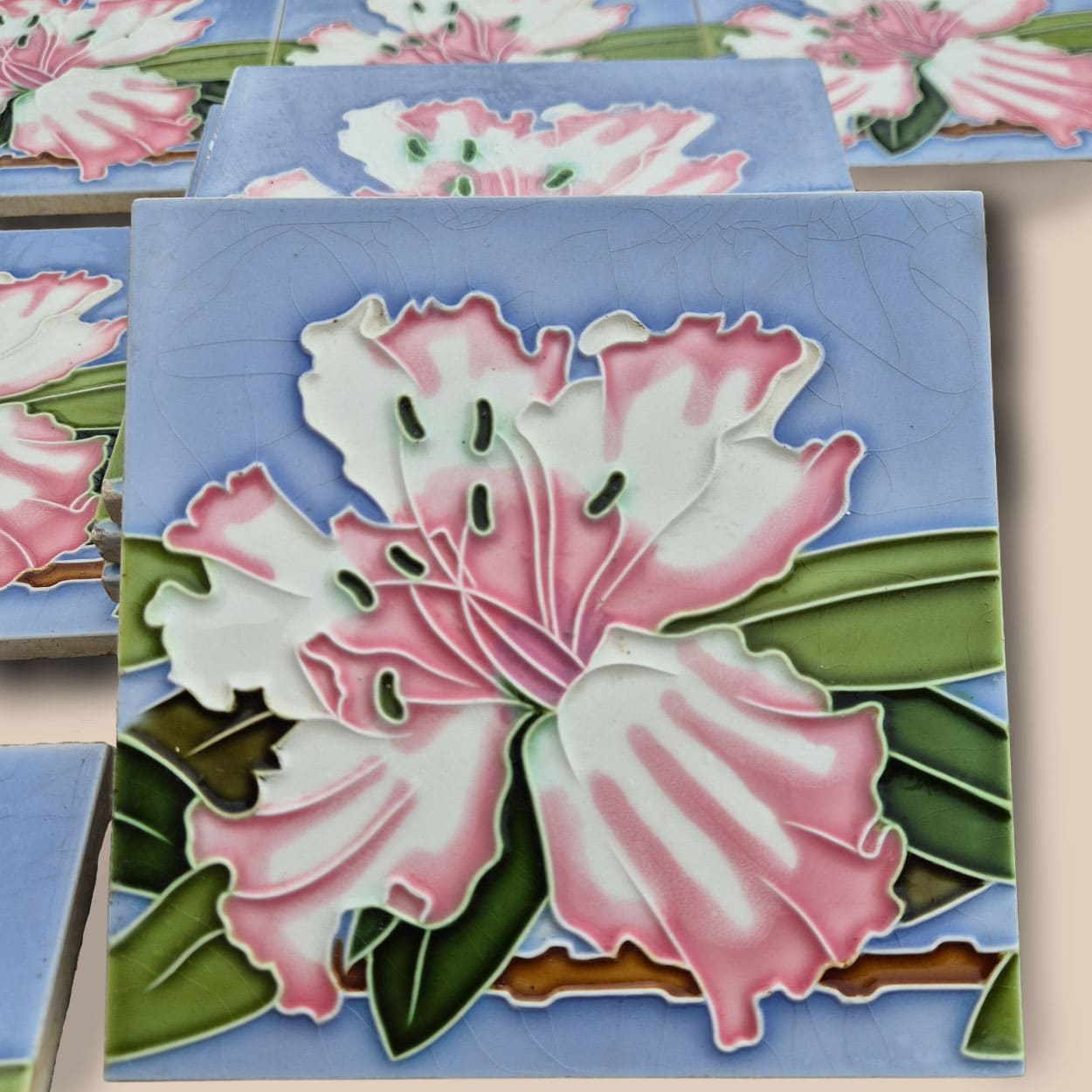 1 of the 40 Antique Art Nouveau Tiles Pink Flower, Gilliot Freres Hemiksen