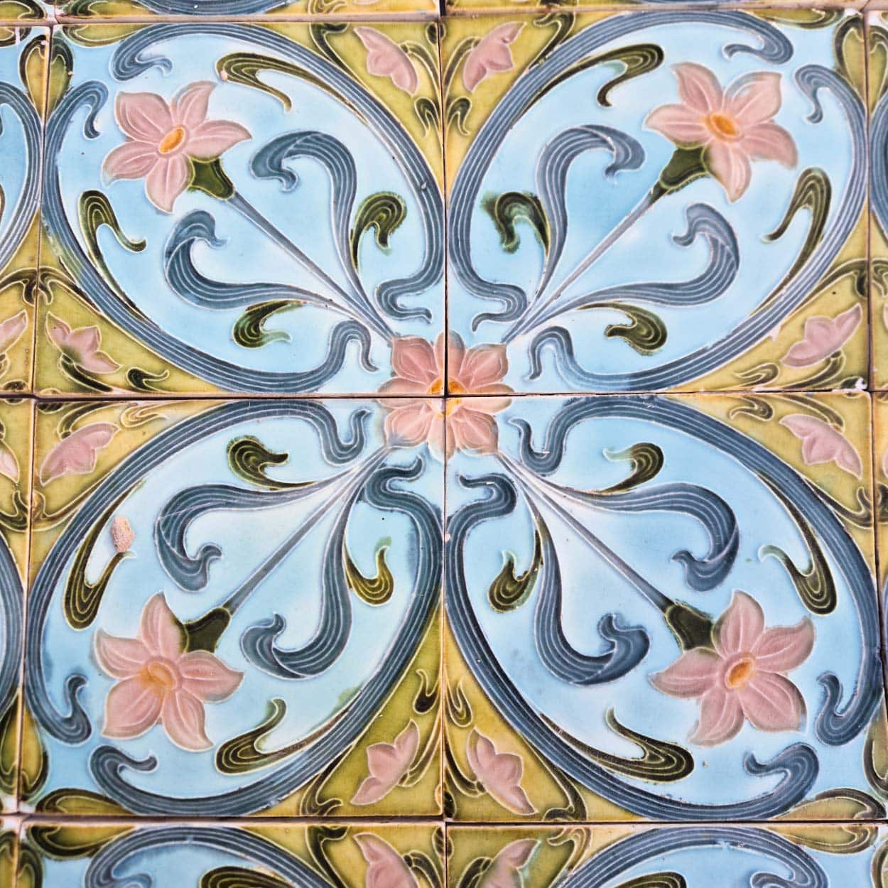 Set of 4 Art Deco Pink Blue Yellow Glazed Tiles by Le Glaive, 1930