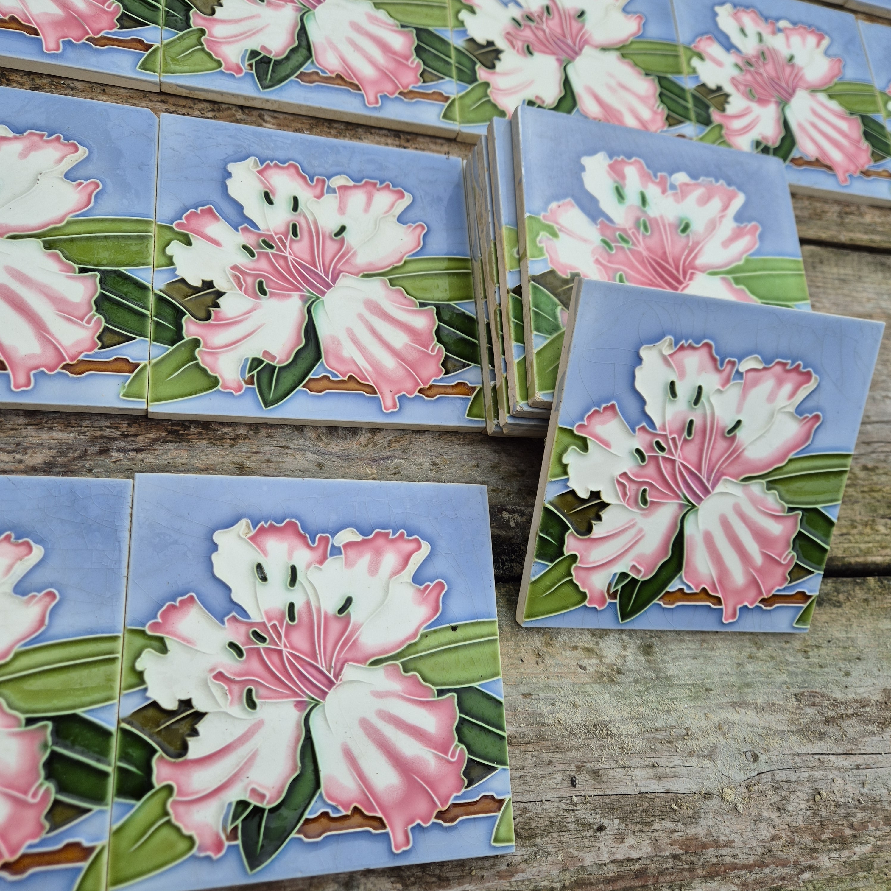 1 of the 40 Antique Art Nouveau Tiles Pink Flower, Gilliot Freres Hemiksen