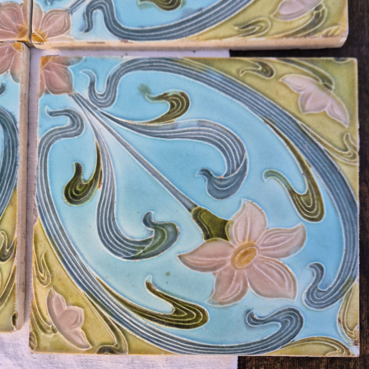 Set of 4 Art Deco Pink Blue Yellow Glazed Tiles by Le Glaive, 1930