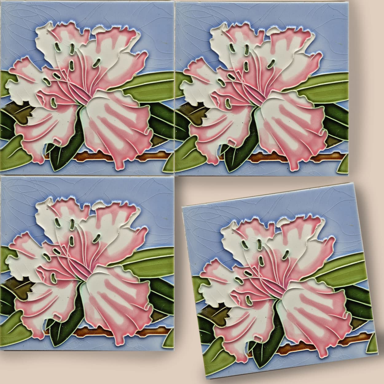 1 of the 40 Antique Art Nouveau Tiles Pink Flower, Gilliot Freres Hemiksen