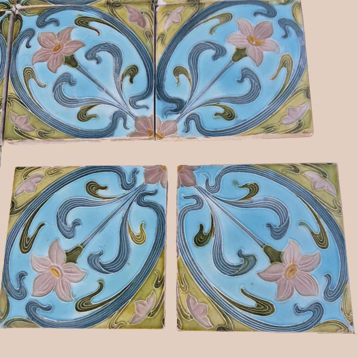 Set of 4 Art Deco Pink Blue Yellow Glazed Tiles by Le Glaive, 1930