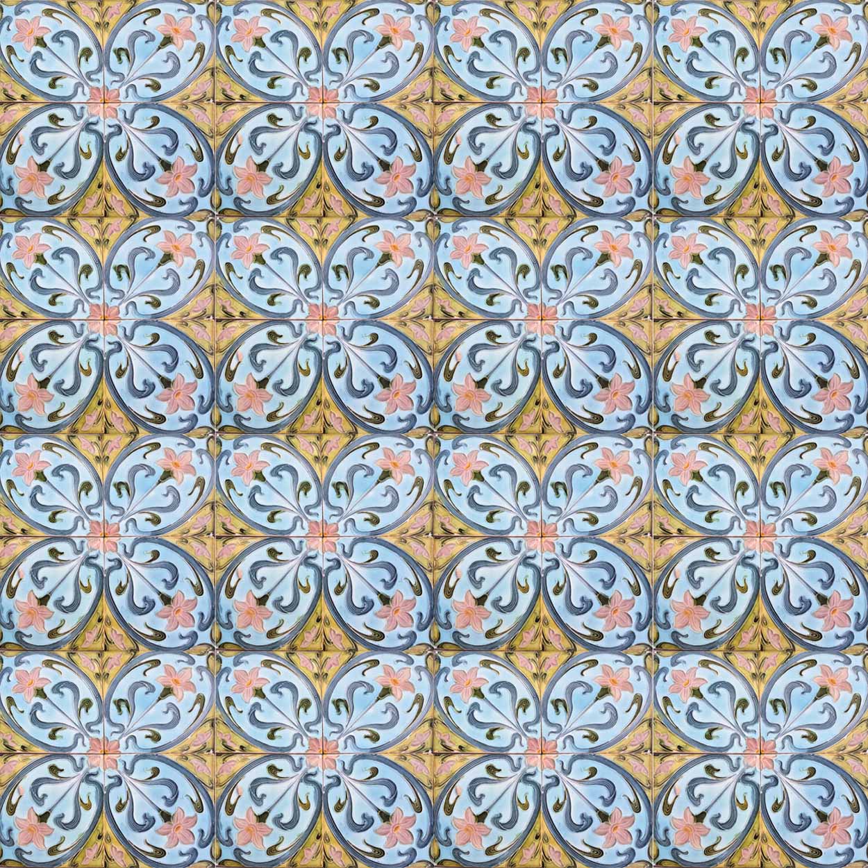 Set of 4 Art Deco Pink Blue Yellow Glazed Tiles by Le Glaive, 1930