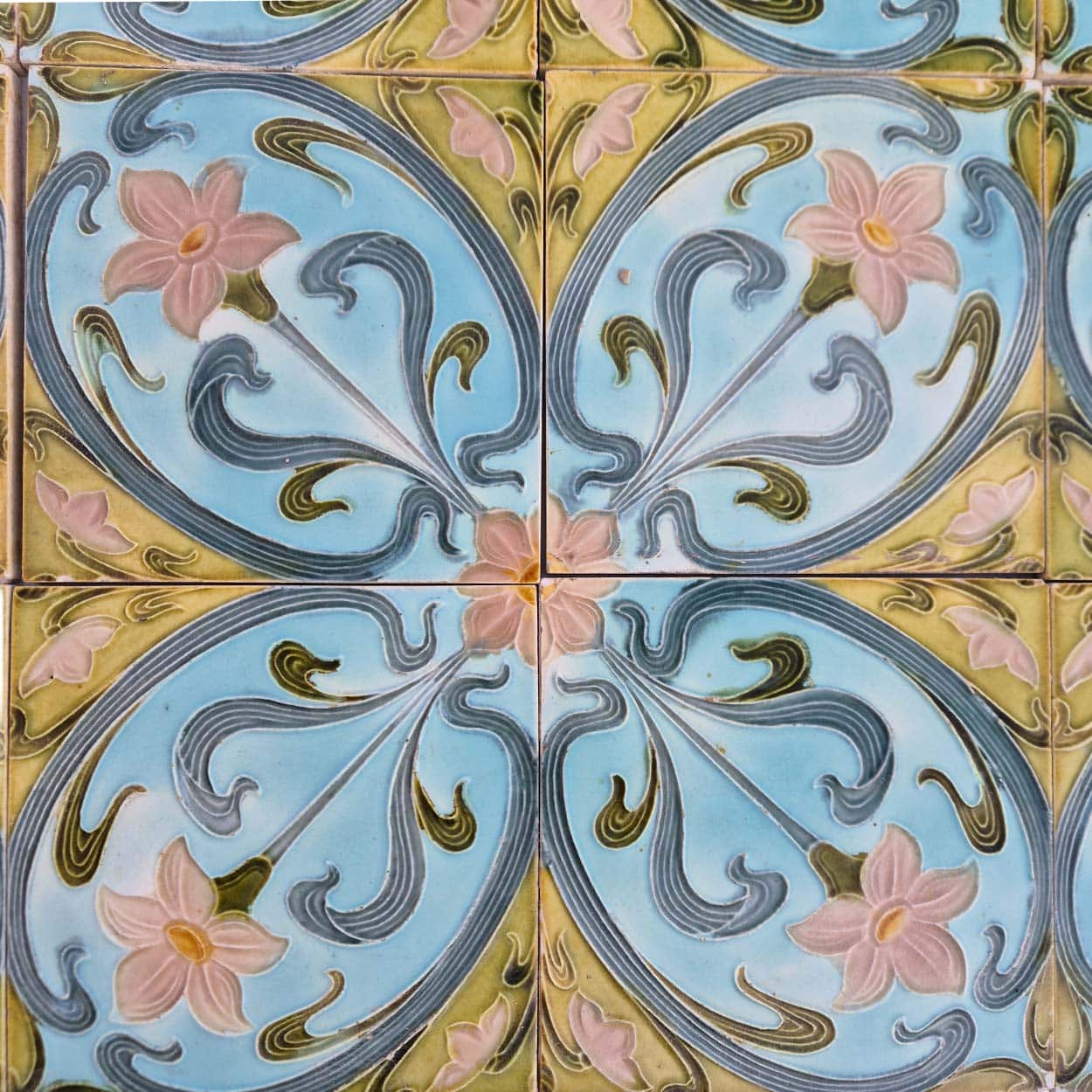 Set of 4 Art Deco Pink Blue Yellow Glazed Tiles by Le Glaive, 1930