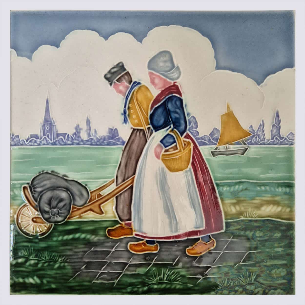 Set of 4 Tiles with Farmers, by S.A. Faienceries de Bouffioulx, 1930s