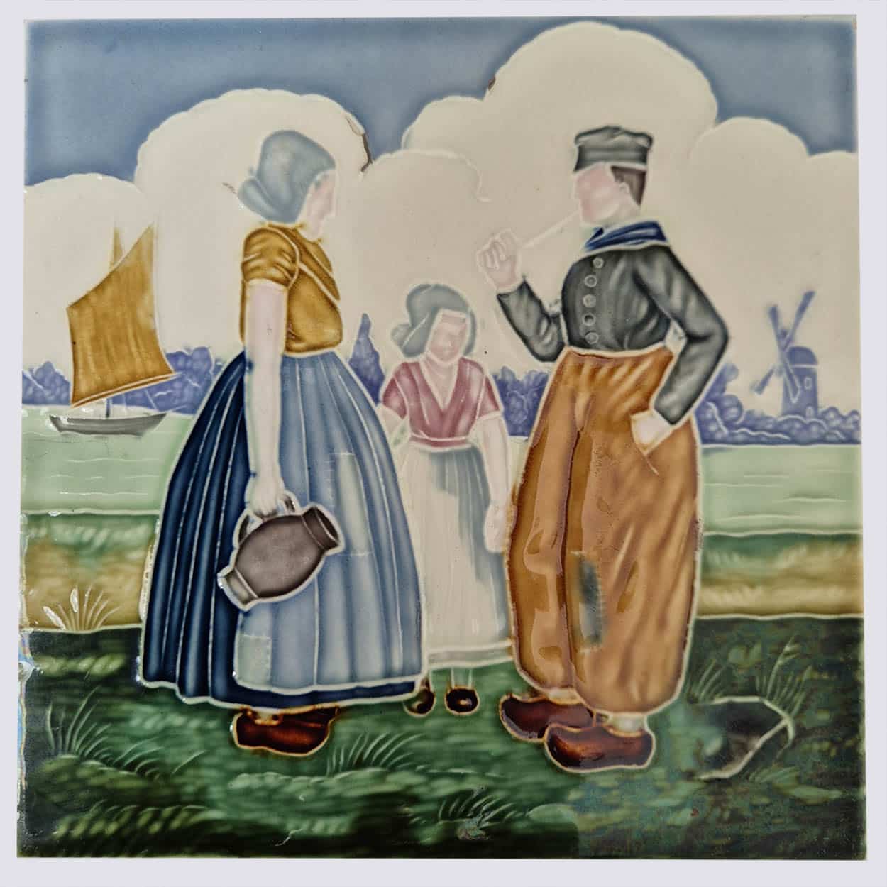 Set of 4 Tiles with Farmers, by S.A. Faienceries de Bouffioulx, 1930s
