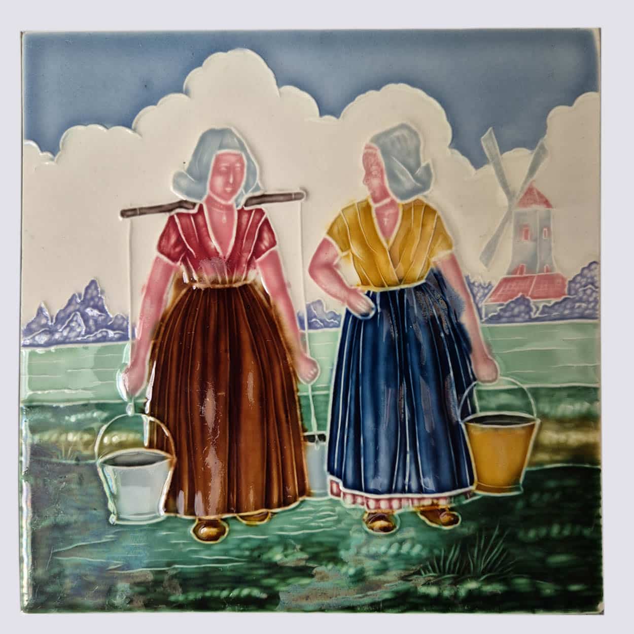 Set of 4 Tiles with Farmers, by S.A. Faienceries de Bouffioulx, 1930s