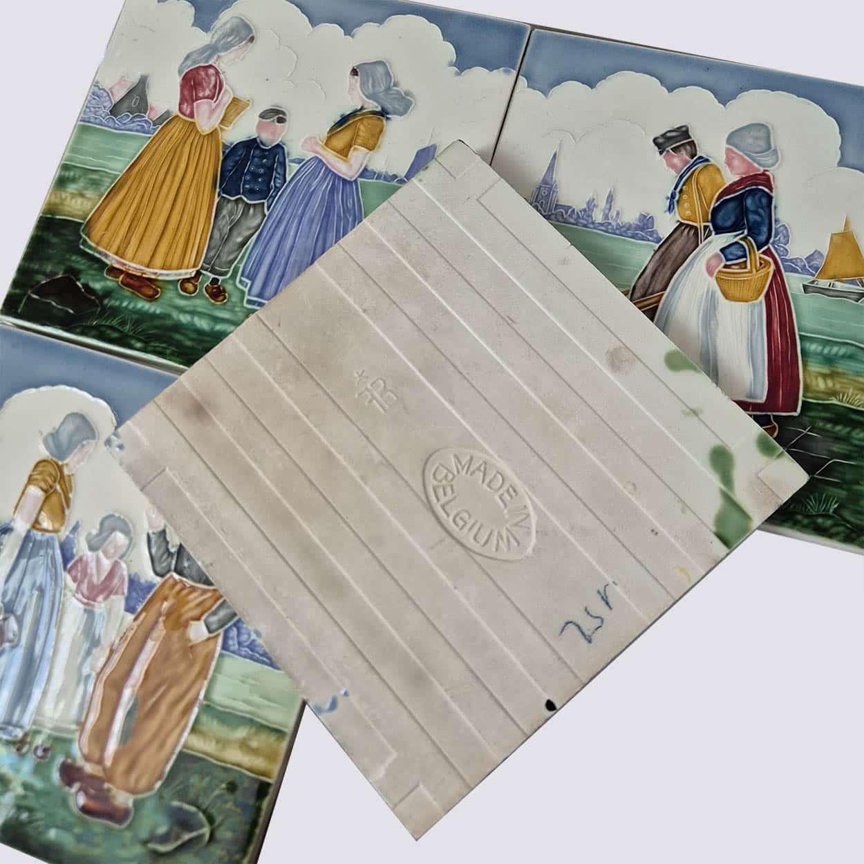 Set of 4 Tiles with Farmers, by S.A. Faienceries de Bouffioulx, 1930s