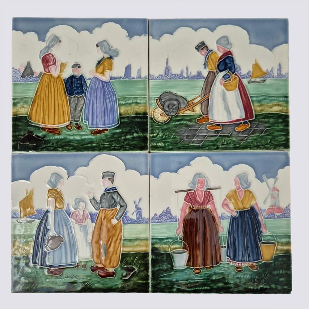 Set of 4 Tiles with Farmers, by S.A. Faienceries de Bouffioulx, 1930s