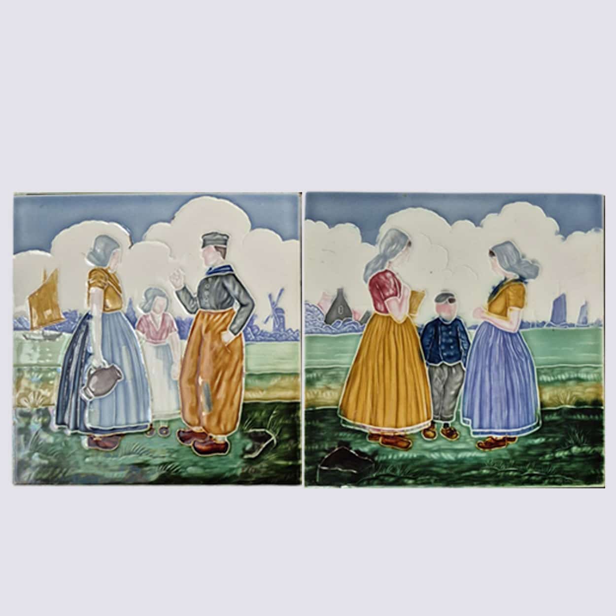 Set of 4 Tiles with Farmers, by S.A. Faienceries de Bouffioulx, 1930s