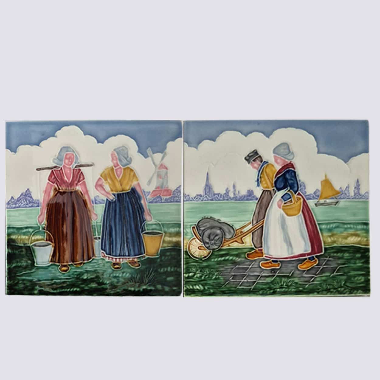 Set of 4 Tiles with Farmers, by S.A. Faienceries de Bouffioulx, 1930s