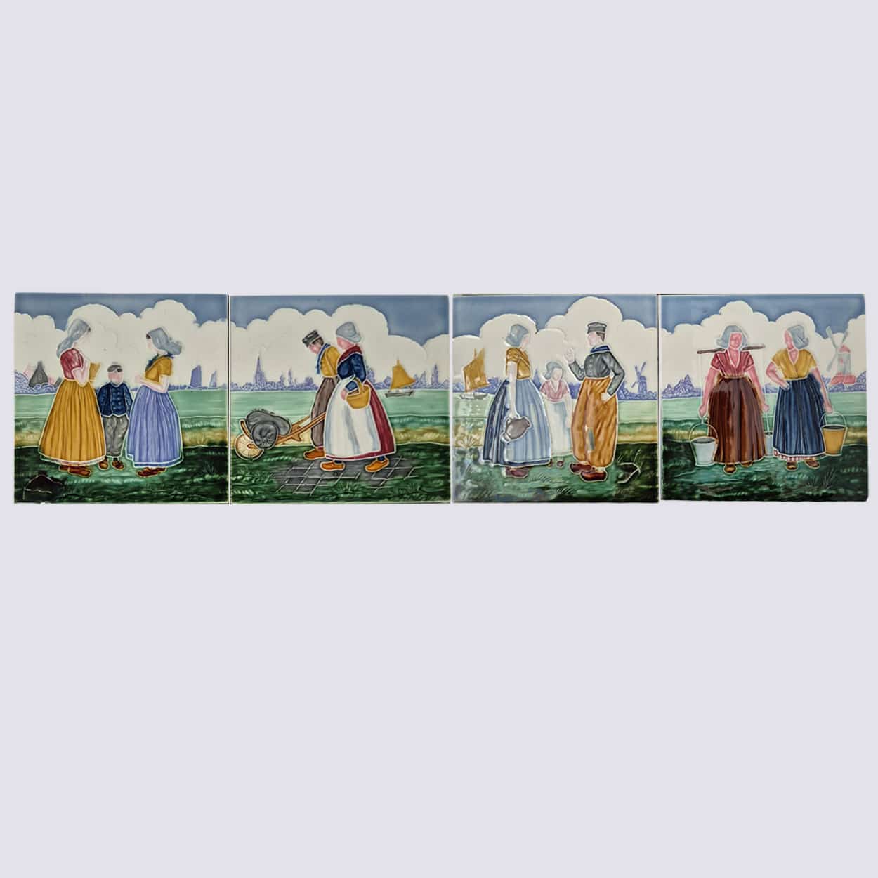 Set of 4 Tiles with Farmers, by S.A. Faienceries de Bouffioulx, 1930s