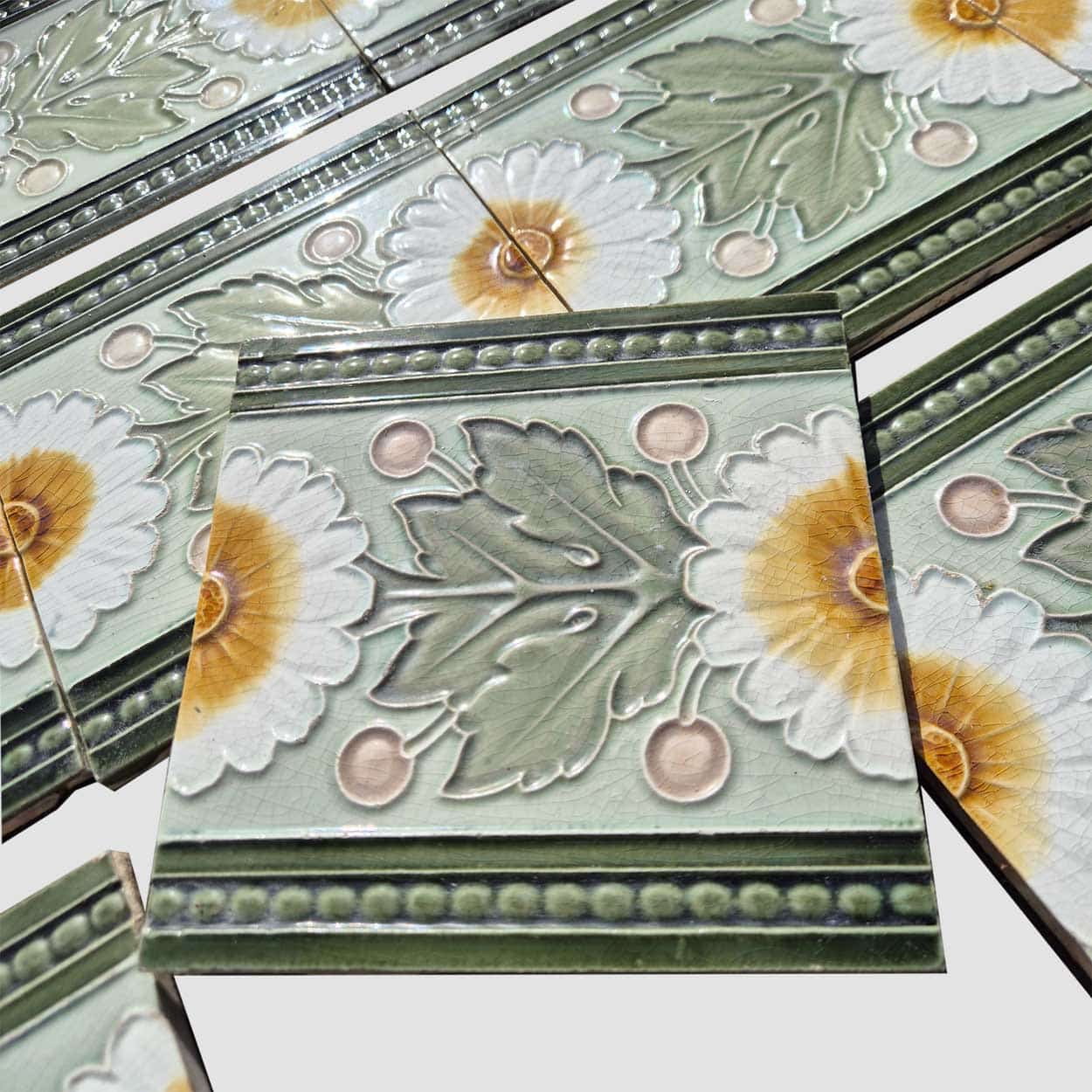 1 of the 55 Green White Tiles with Yellow Flower Pattern, Maison Helman