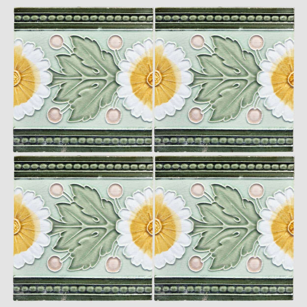 1 of the 55 Green White Tiles with Yellow Flower Pattern, Maison Helman