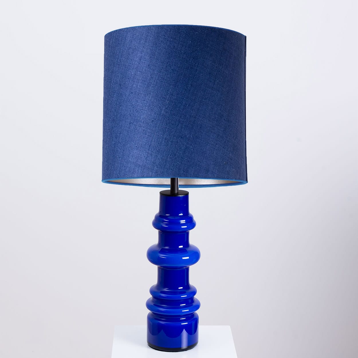1 of the 2 Holmegaard Indigo Ceramic Lamps, Custom Blue Lampshades by R. Houben