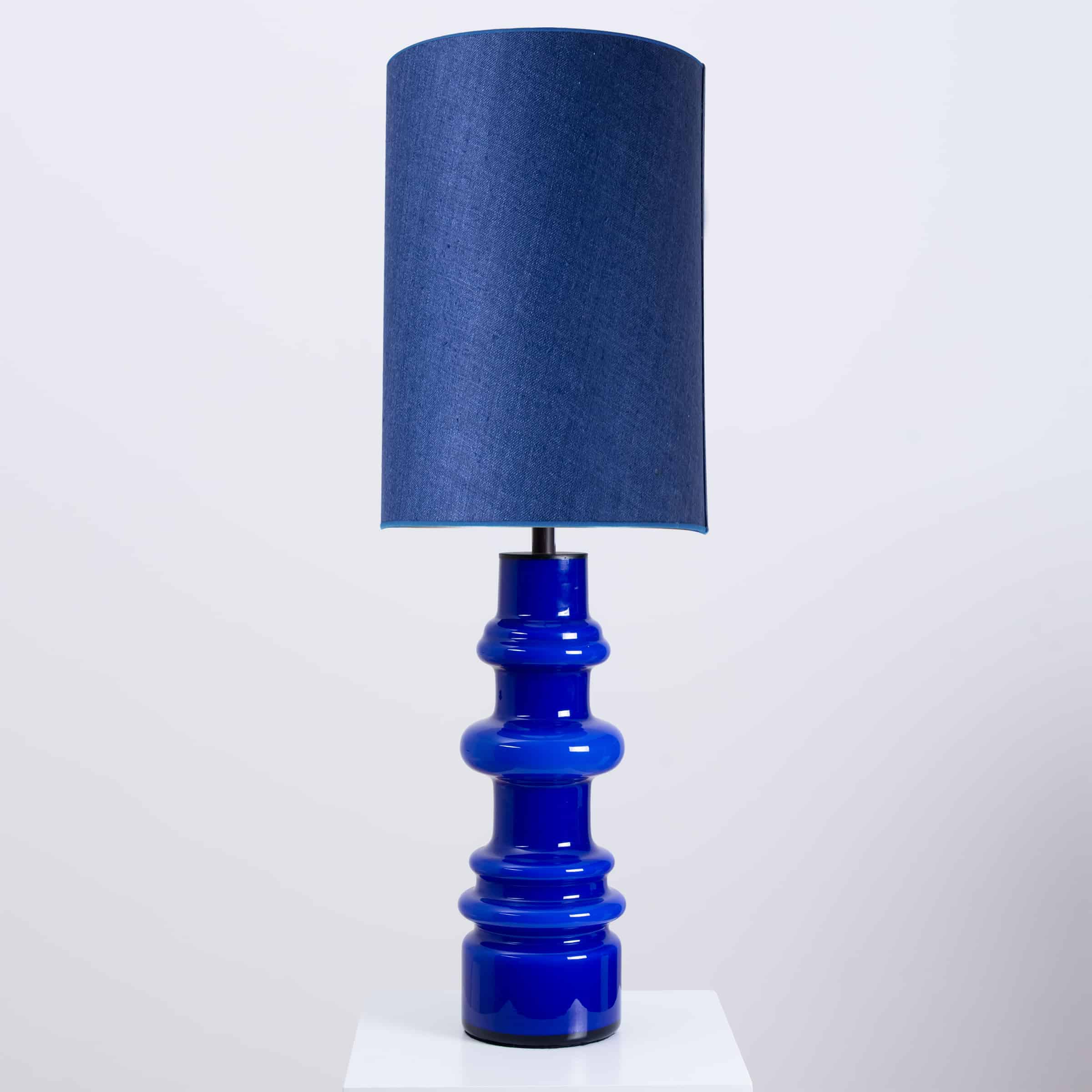 1 of the 2 Holmegaard Indigo Ceramic Lamps, Custom Tall Blue Shades by R. Houben