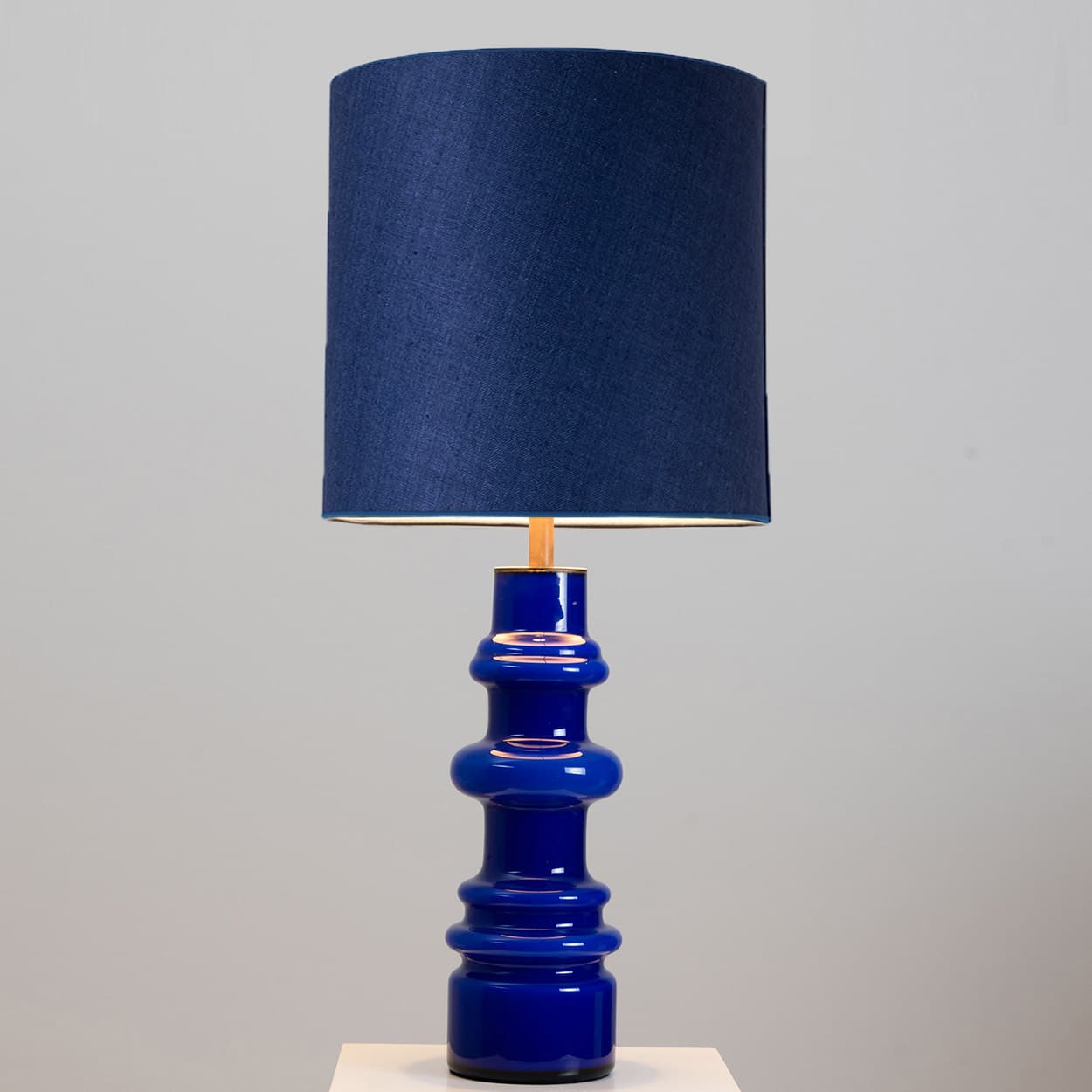 1 of the 2 Holmegaard Indigo Ceramic Lamps, Custom Blue Lampshades by R. Houben