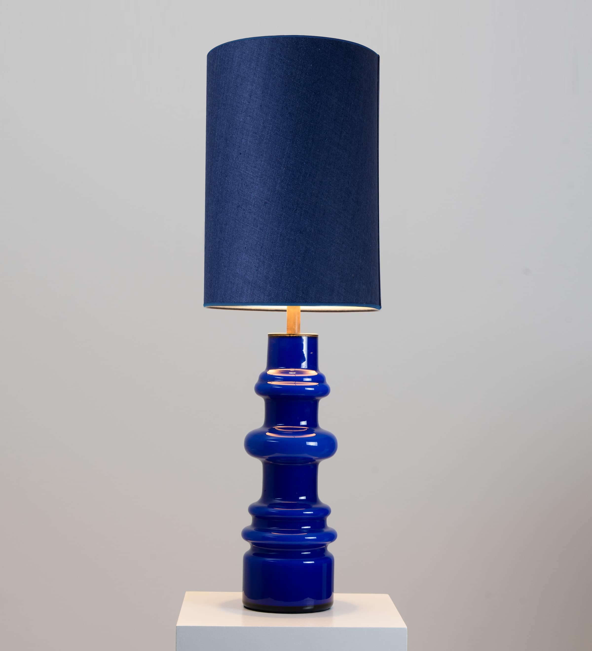 1 of the 2 Holmegaard Indigo Ceramic Lamps, Custom Tall Blue Shades by R. Houben