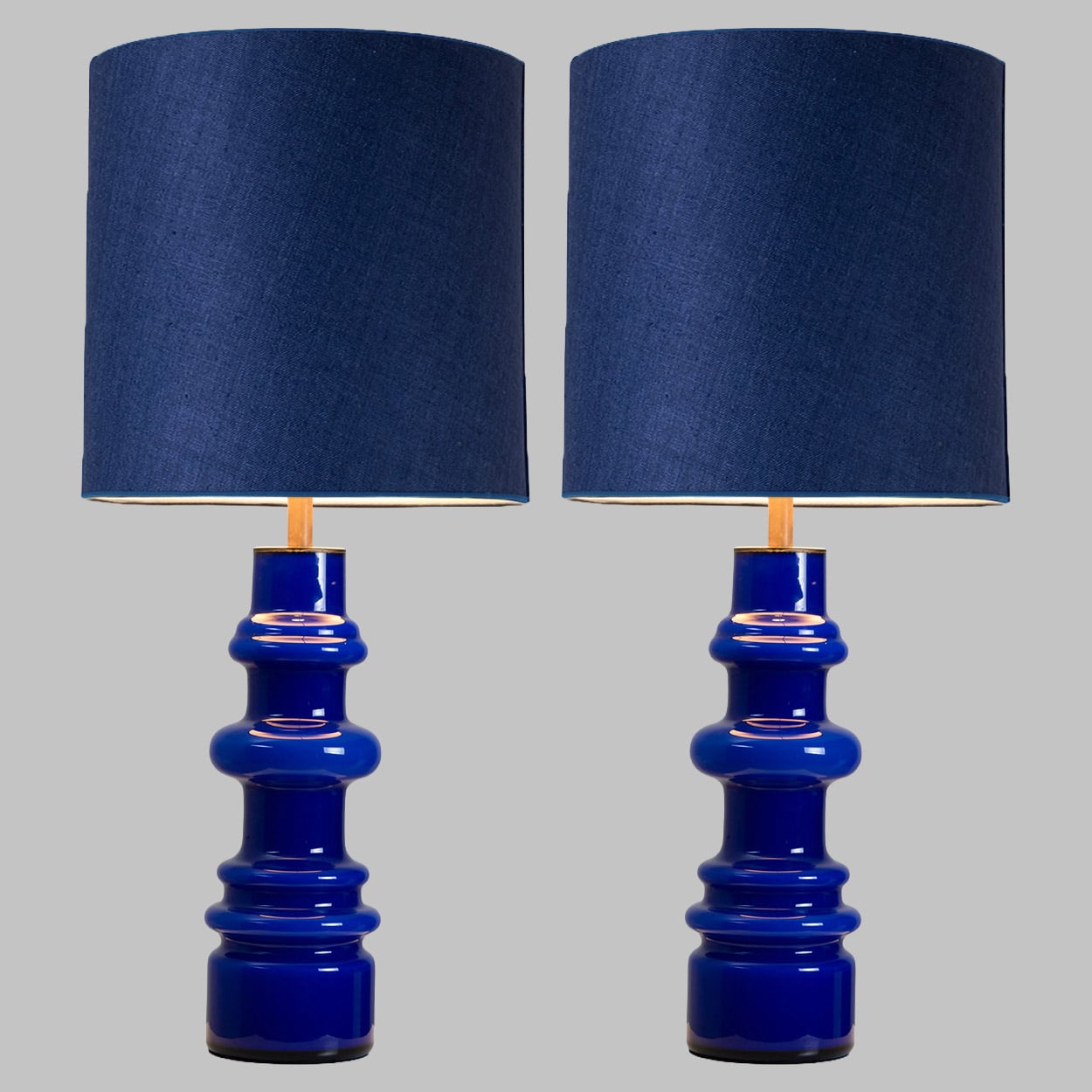1 of the 2 Holmegaard Indigo Ceramic Lamps, Custom Blue Lampshades by R. Houben