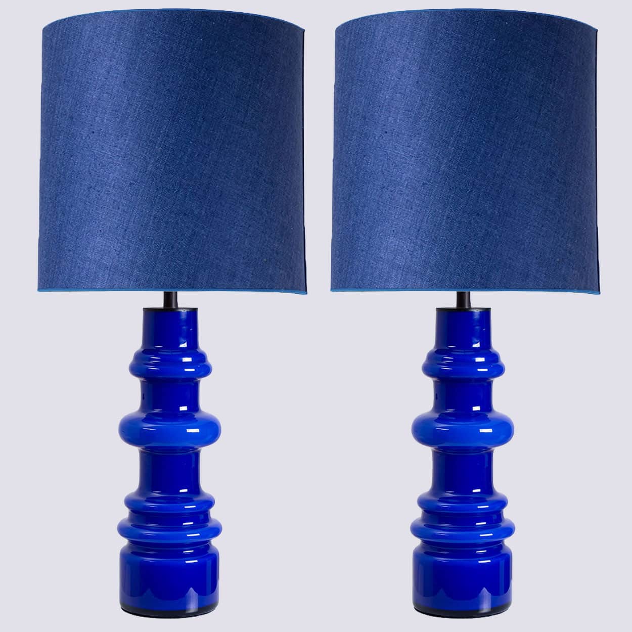 1 of the 2 Holmegaard Indigo Ceramic Lamps, Custom Tall Blue Shades by R. Houben