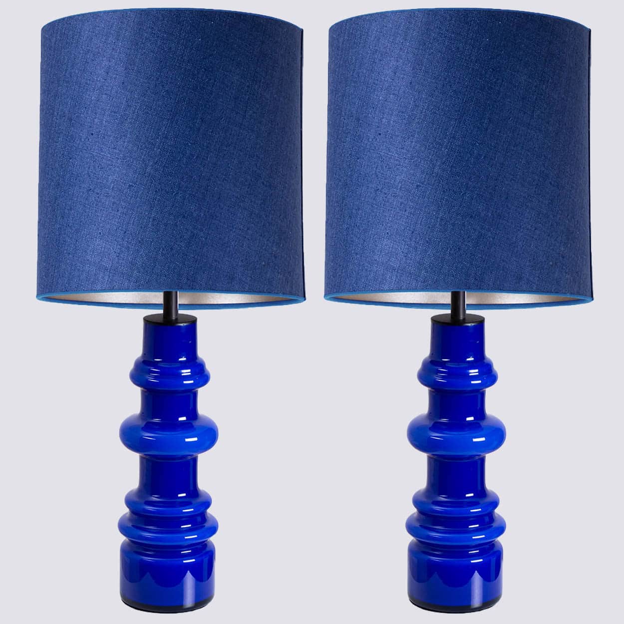 1 of the 2 Holmegaard Indigo Ceramic Lamps, Custom Blue Lampshades by R. Houben