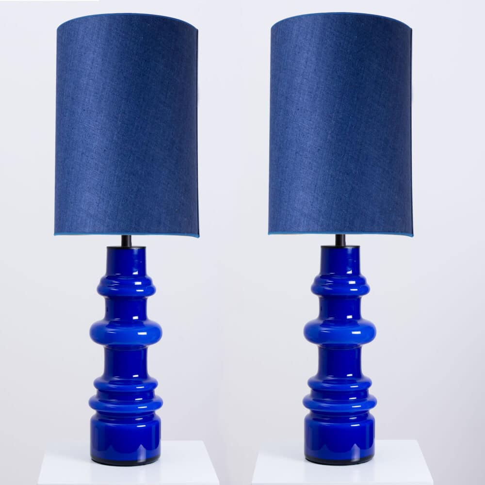 1 of the 2 Holmegaard Indigo Ceramic Lamps, Custom Tall Blue Shades by R. Houben