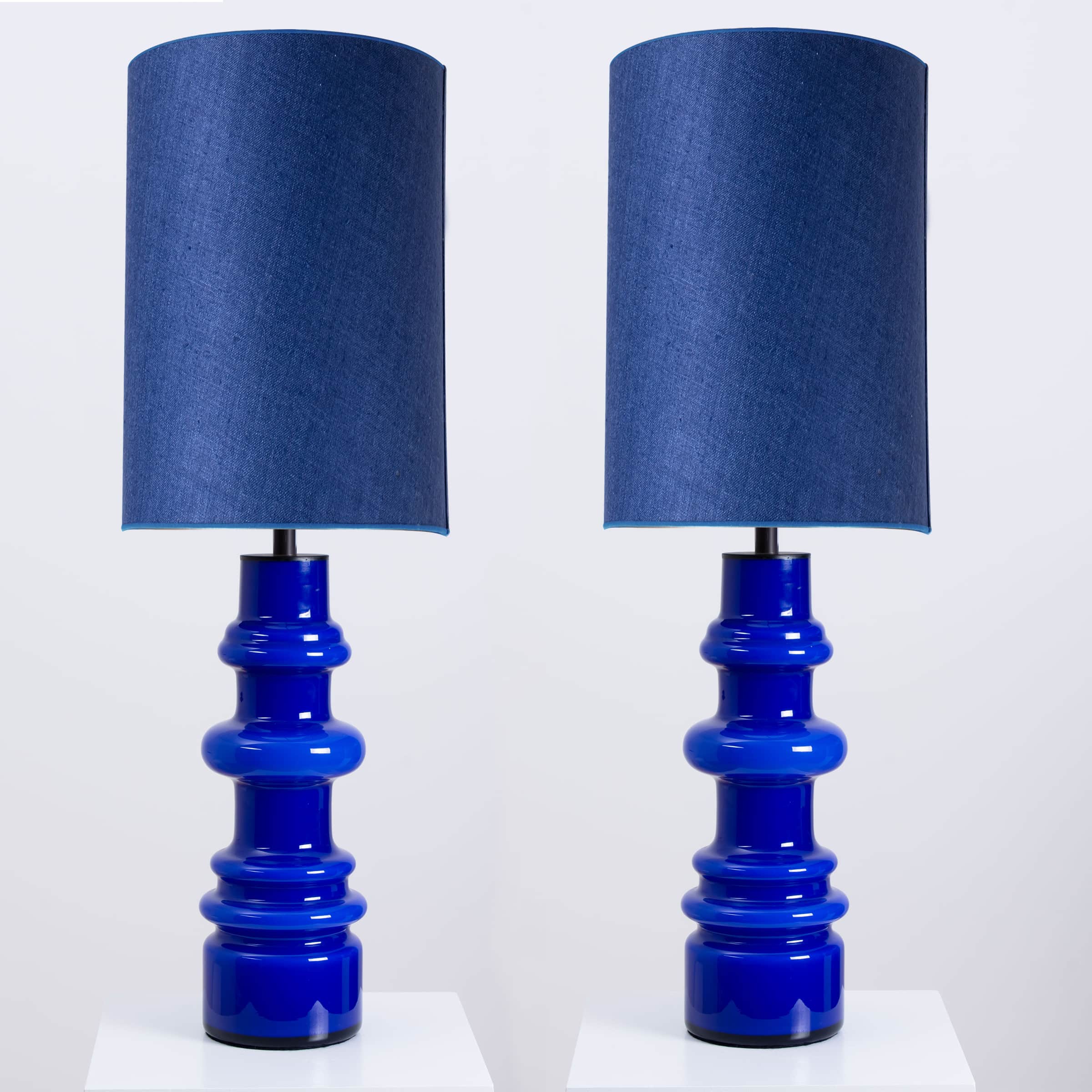 1 of the 2 Holmegaard Indigo Ceramic Lamps, Custom Tall Blue Shades by R. Houben