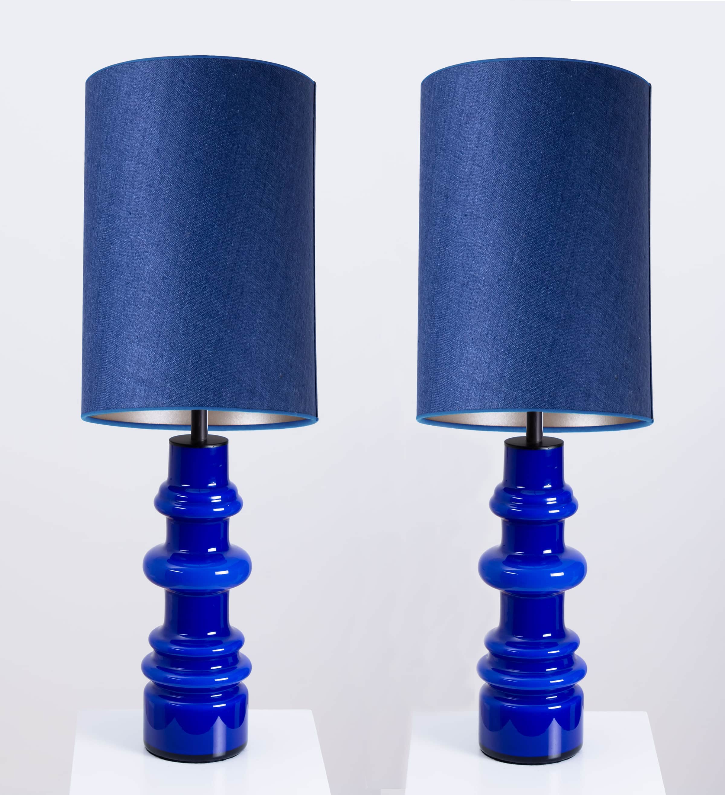 1 of the 2 Holmegaard Indigo Ceramic Lamps, Custom Tall Blue Shades by R. Houben