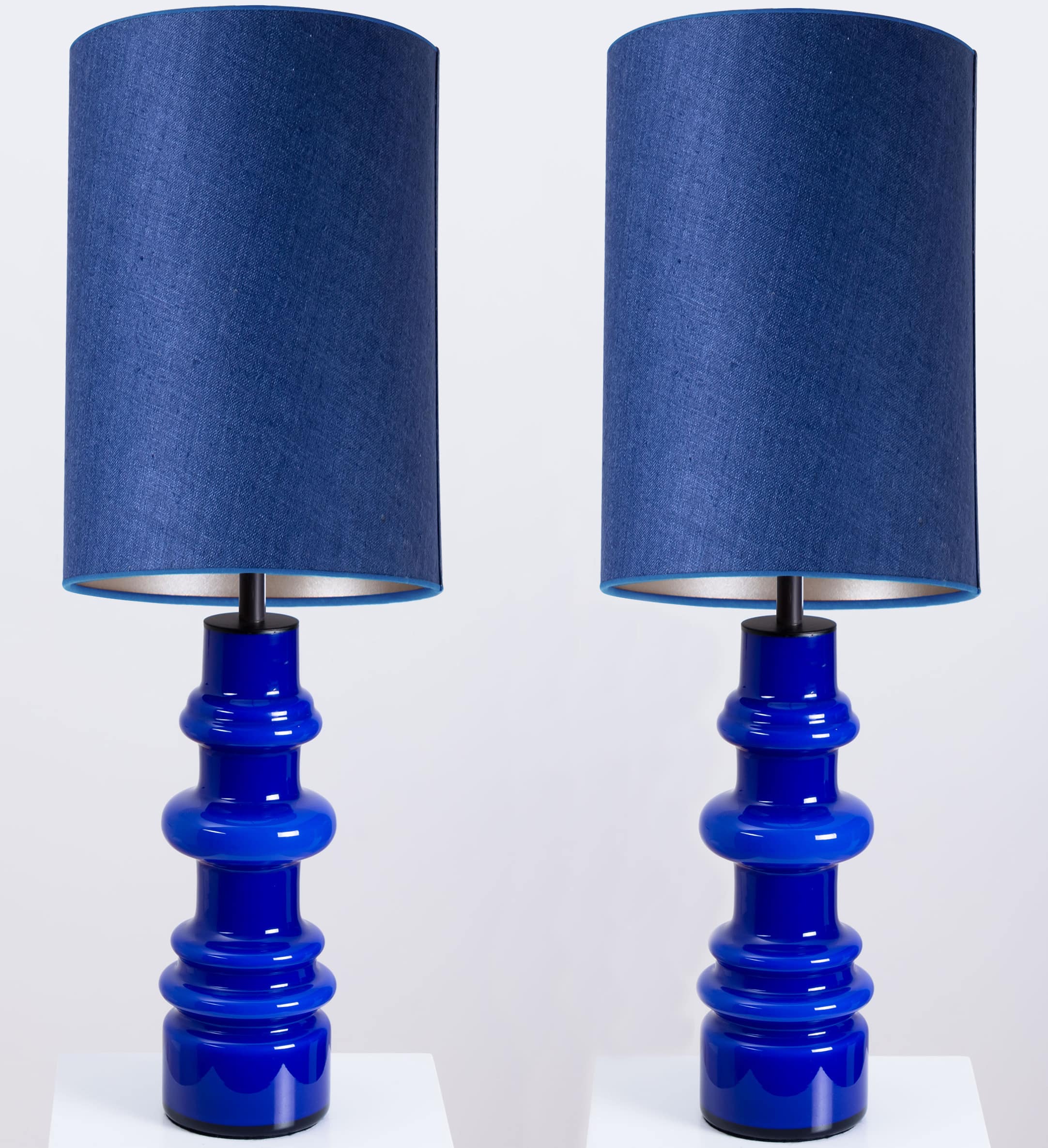 1 of the 2 Holmegaard Indigo Ceramic Lamps, Custom Tall Blue Shades by R. Houben