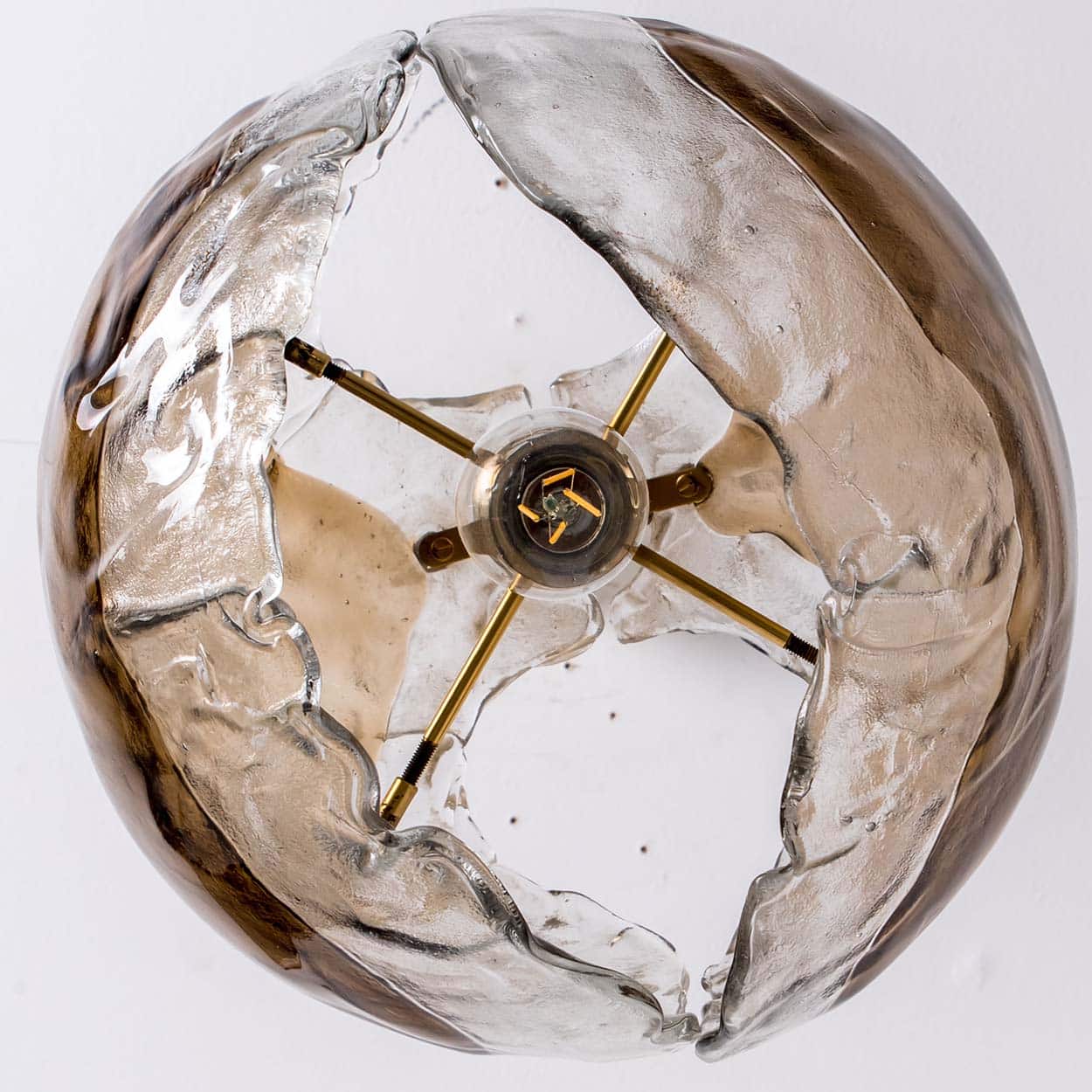 1 of the 2 Kalmar Chandelier Pendants Steel Cord, Gold Brass Smoked Glass, 1970s