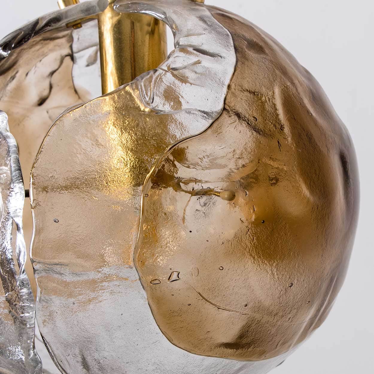 1 of the 2 Kalmar Chandelier Pendants Steel Cord, Gold Brass Smoked Glass, 1970s