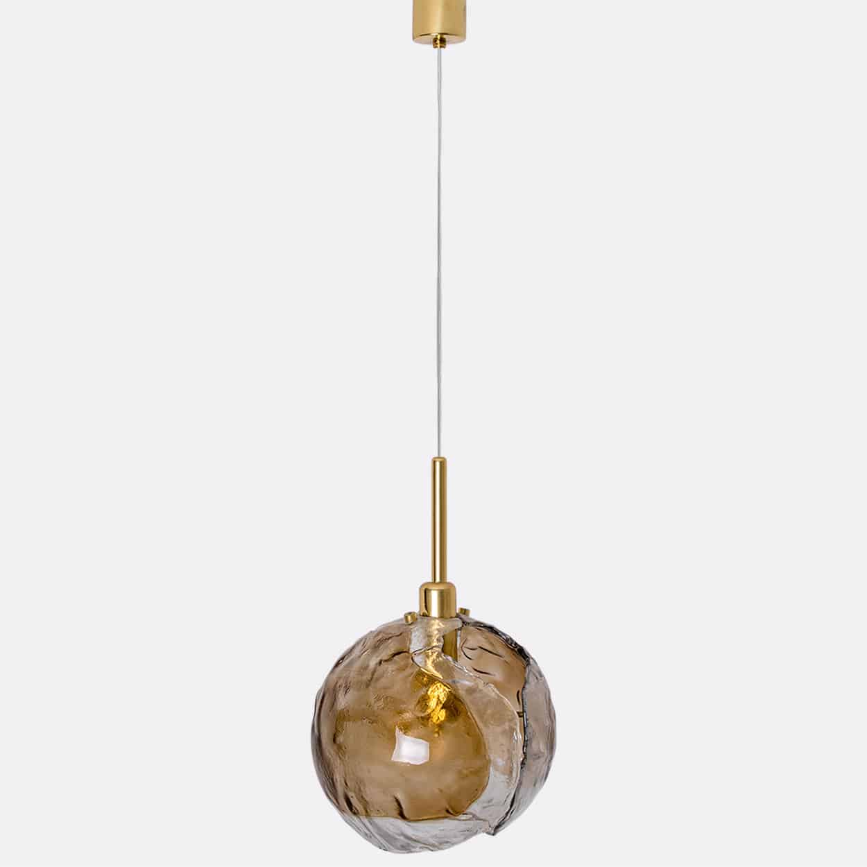 1 of the 2 Kalmar Chandelier Pendants Steel Cord, Gold Brass Smoked Glass, 1970s