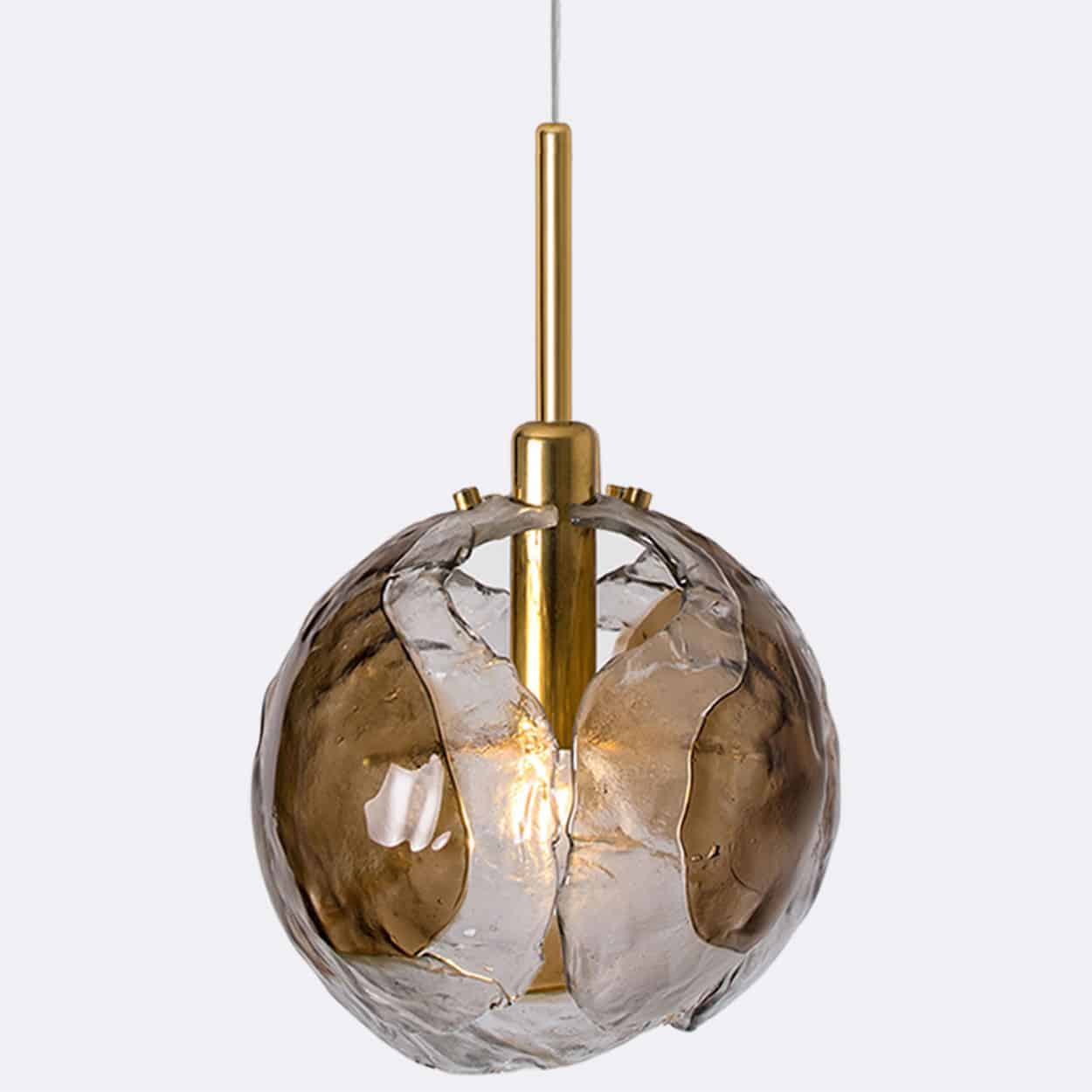 1 of the 2 Kalmar Chandelier Pendants Steel Cord, Gold Brass Smoked Glass, 1970s