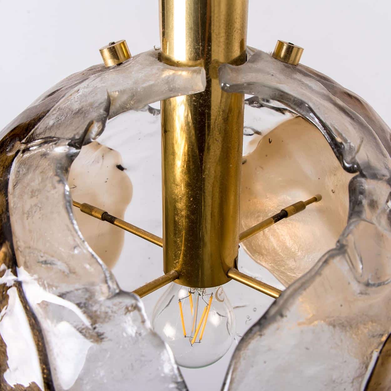 1 of the 2 Kalmar Chandelier Pendants Steel Cord, Gold Brass Smoked Glass, 1970s