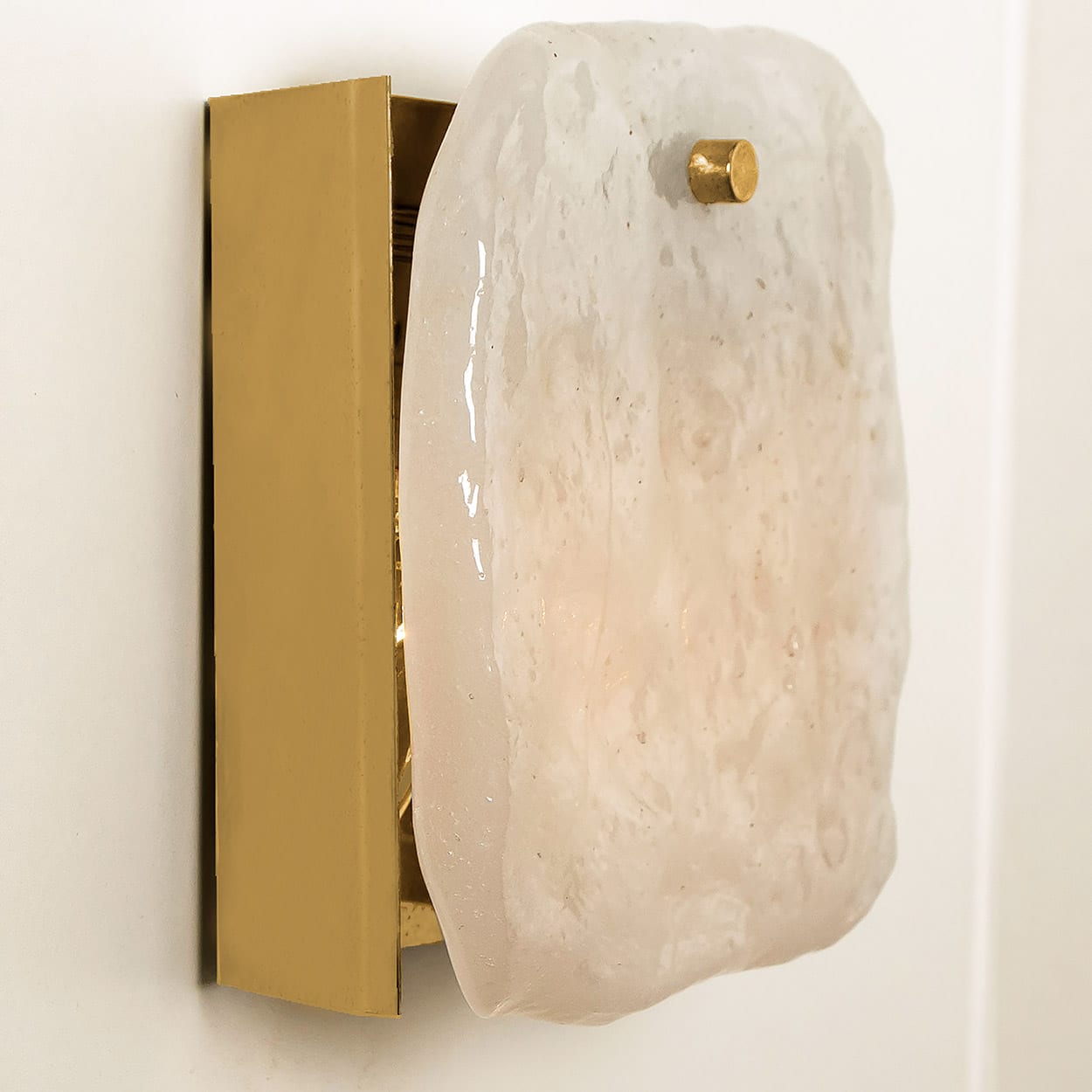 1 of the 6 Textured Ice glass Brass Wall Lights, Kalmar 1970s