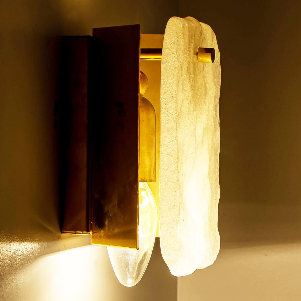 1 of the 6 Textured Ice glass Brass Wall Lights, Kalmar 1970s