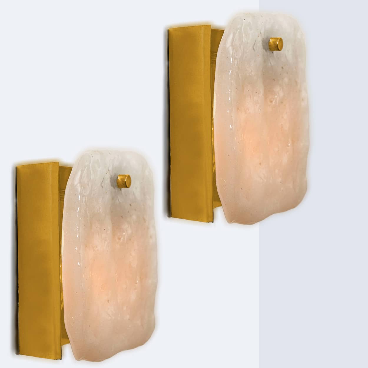 1 of the 6 Textured Ice glass Brass Wall Lights, Kalmar 1970s