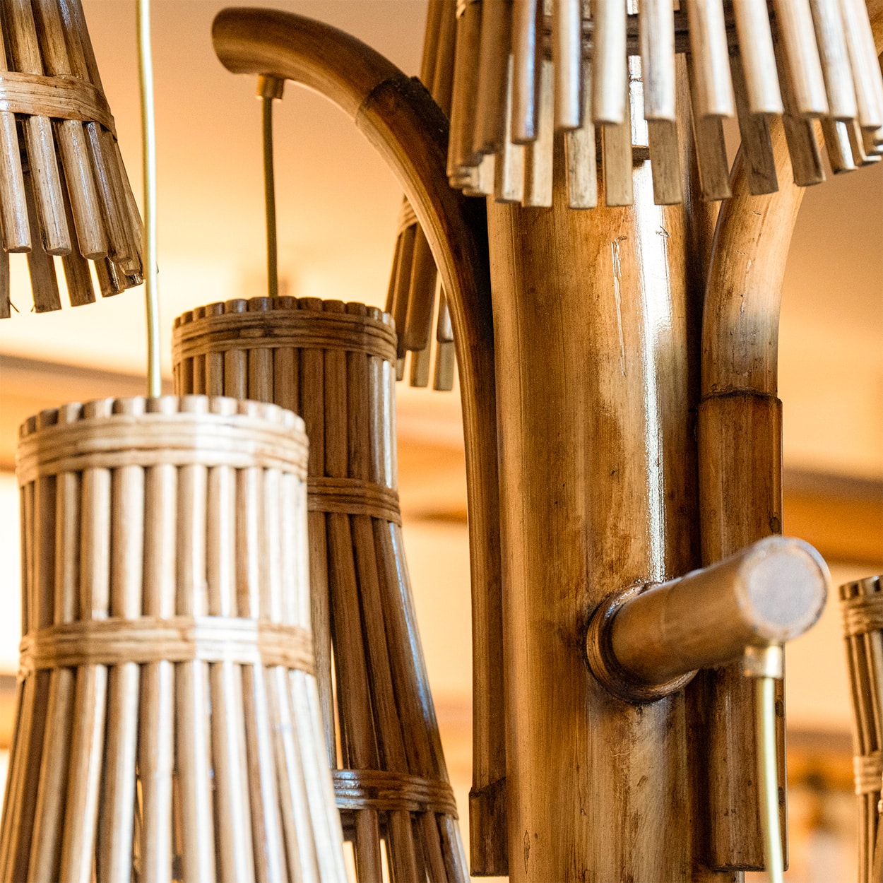 Magnificent Extra Large Rotan Rattan and Brass Chandelier, Handwoven