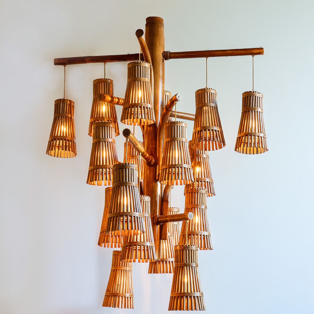 Magnificent Extra Large Rotan Rattan and Brass Chandelier, Handwoven