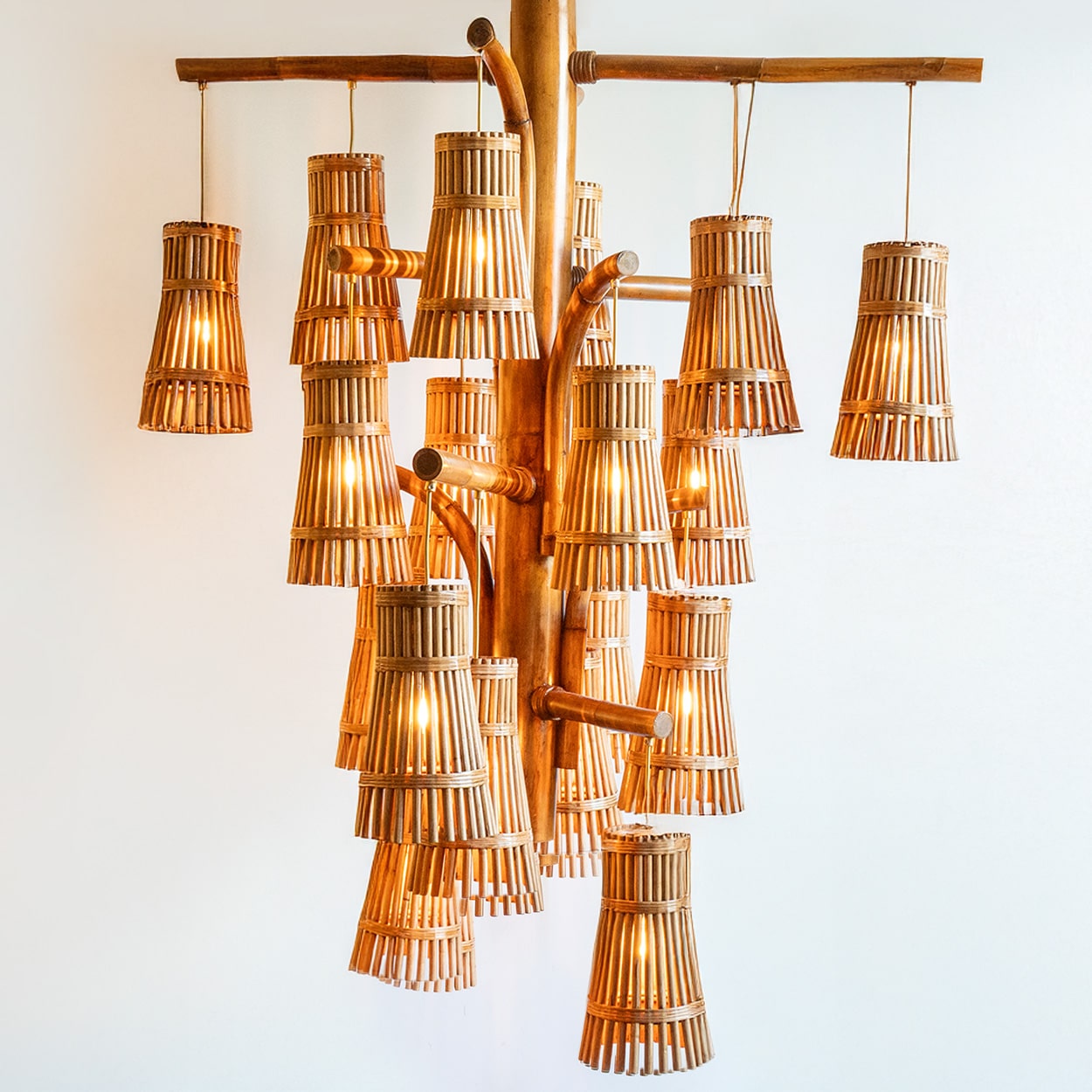 Magnificent Extra Large Rotan Rattan and Brass Chandelier, Handwoven