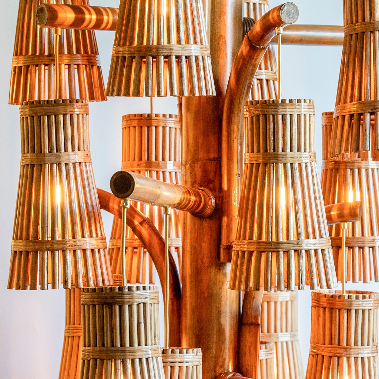 Magnificent Extra Large Rotan Rattan and Brass Chandelier, Handwoven