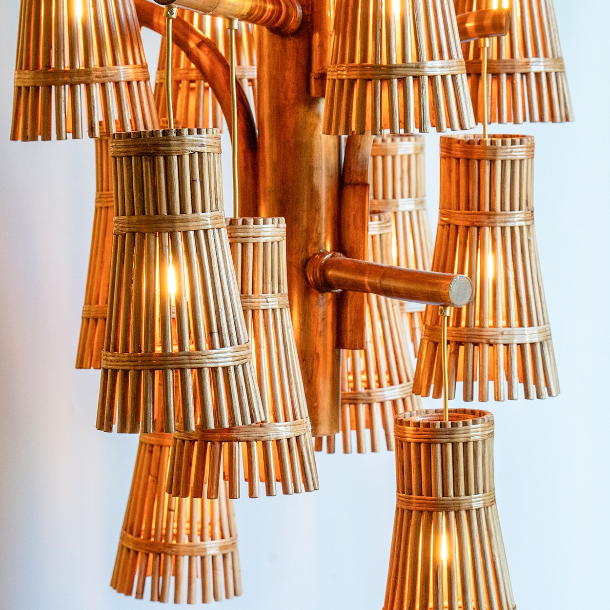 Magnificent Extra Large Rotan Rattan and Brass Chandelier, Handwoven