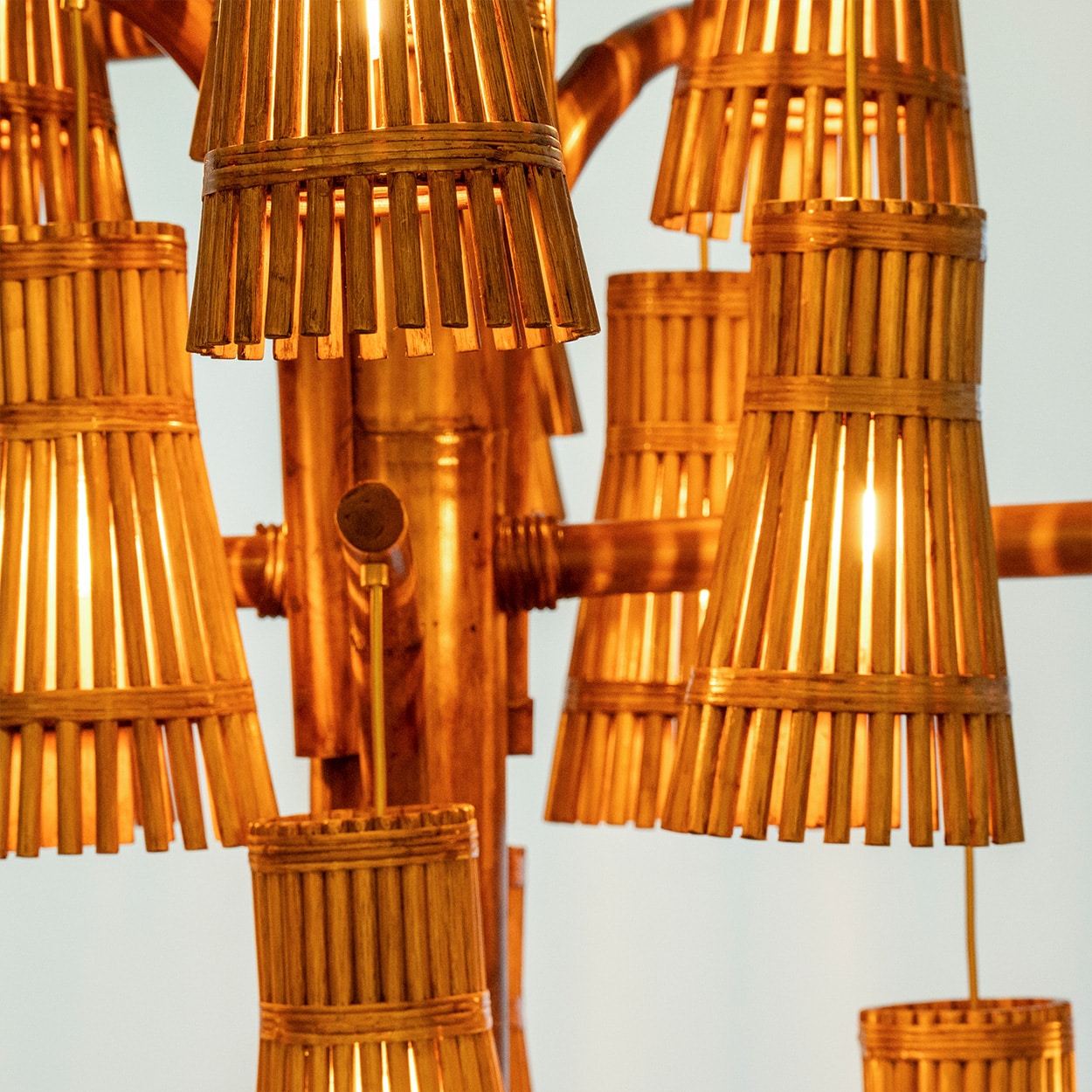 Magnificent Extra Large Rotan Rattan and Brass Chandelier, Handwoven